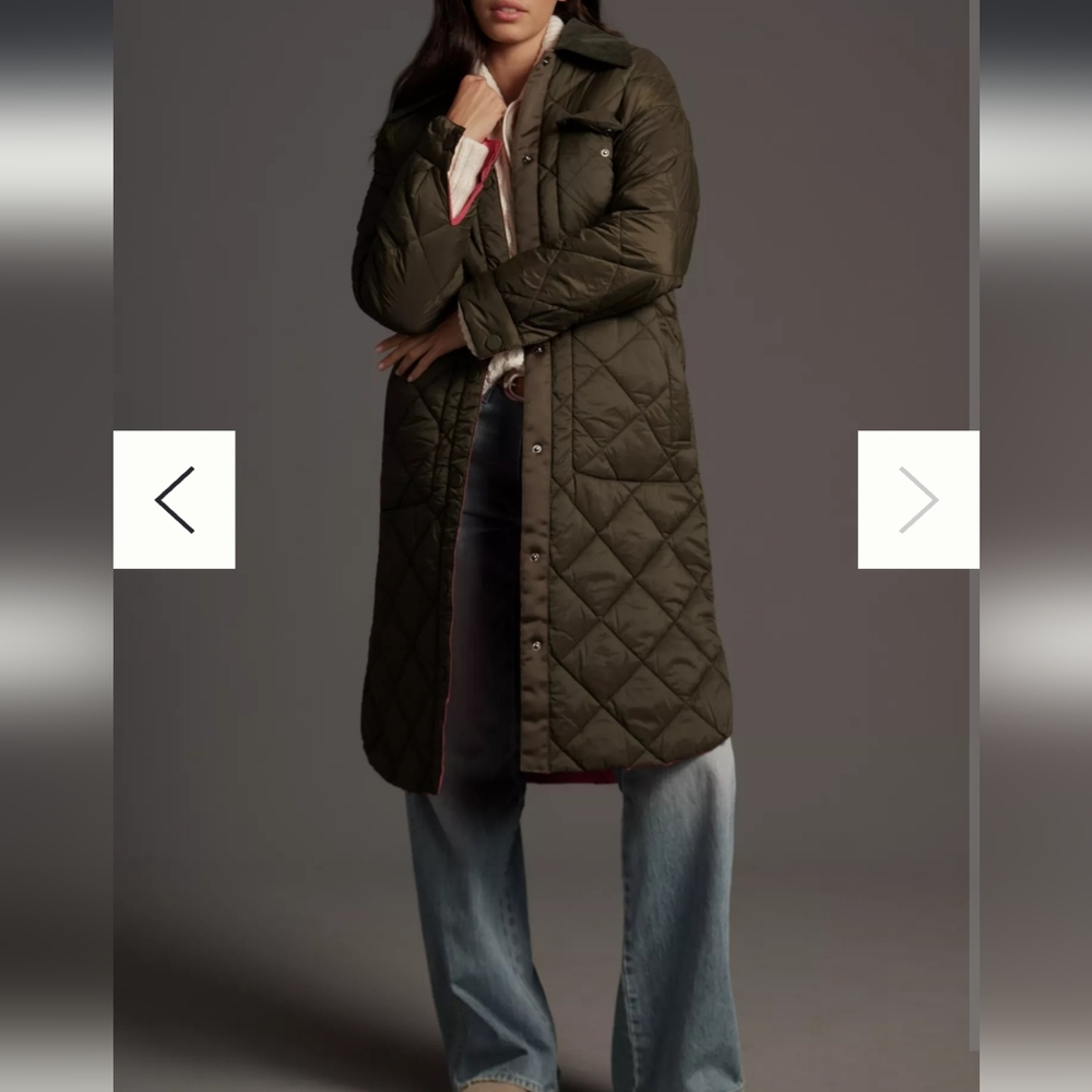 Anthropologie Quilted Dark Green Coat with Pink Interior